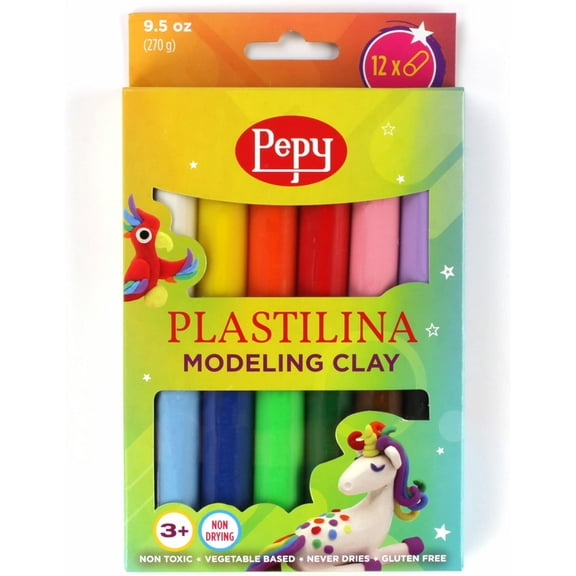 Plastilina Reusable and Non-Drying Modeling Clay; Box of 12-Color Sticks, 0.8 Ounce Each, Perfect for Arts and Crafts Projects