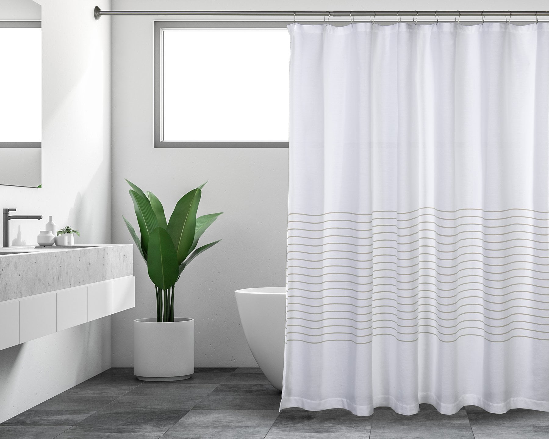 Sticky Toffee Woven Cotton Fabric Shower Curtain, 72 in x 72 in, White with Tan Thin Stripe