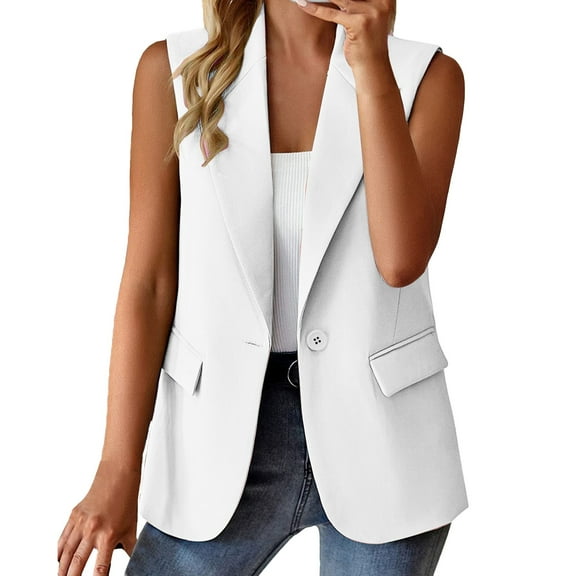 DondPO Blazers for Women Women's Sleeveless Coat Solid Color Cardigan Suit Casual Lapel Cardigan Jacket wirh Pockets Womens Blazers Dressy Casual Casual Blazer for Women White 2XL