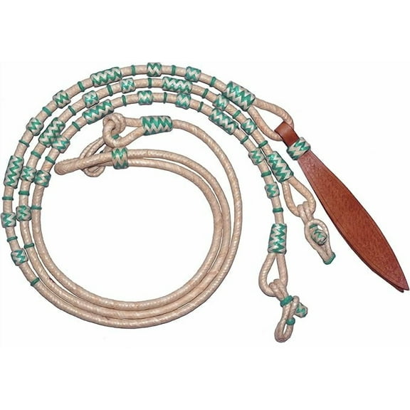 Natural Rawhide Romel Reins – 8.5 Ft Western Horse Tack with Turquoise & White Knots
