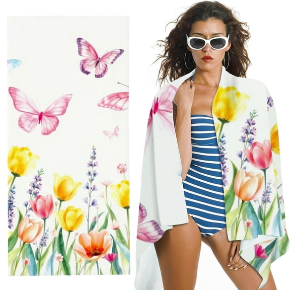 RKSupls Tulip Lavender Butterfly Microfiber Beach Towel, Extra Large Quick Dry Lightweight Absorbent Towel for Travel Swimming Camping, Soft Super Absorbent- 30x60 in