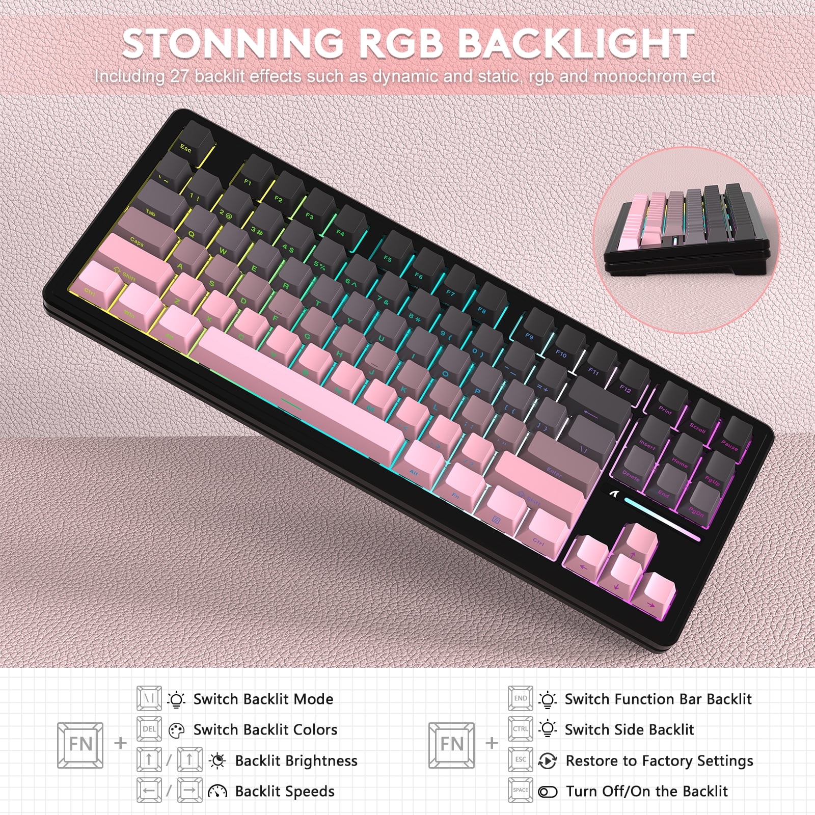 ATTACK SHARK M87PRO TKL Wireless Mechanical Gaming Keyboard, BT5.0/2.4G/USB-C Wired Hot Swap RGB Keyboard 80% US Layout, Linear White Switches Gradient Side Print PBT Keycap for PC Mac