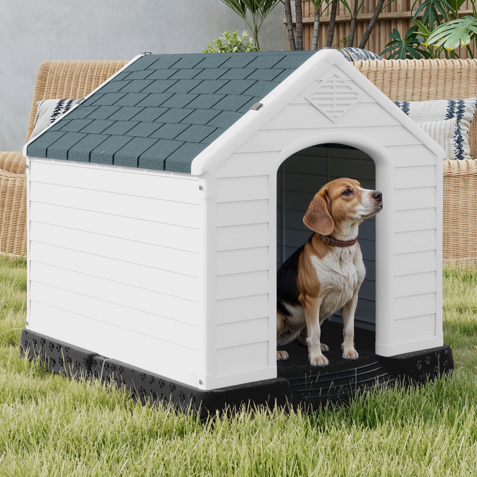 Uforic Waterproof Plastic Dog House with Air Vents and Elevated Floor, Outdoor Indoor Doghouse Puppy Shelter,Gray,28.5''Lx 26''Wx 28''H