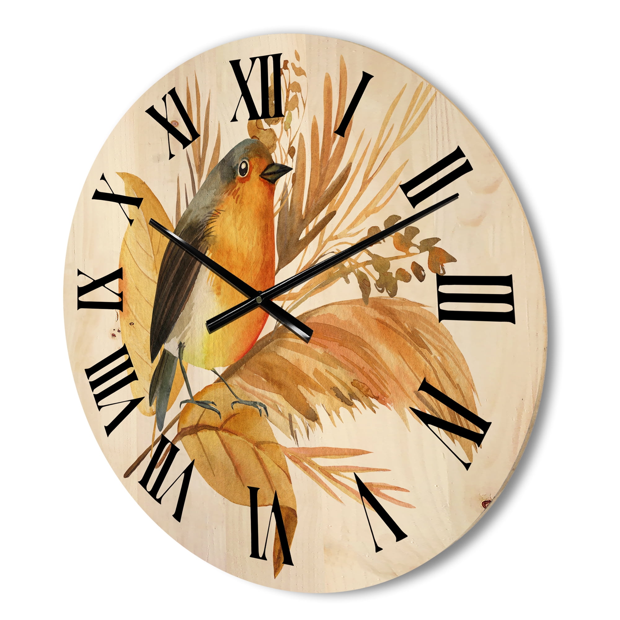 Designart 'Autumn Flowers and Robin Bird' Traditional Wood Wall Clock
