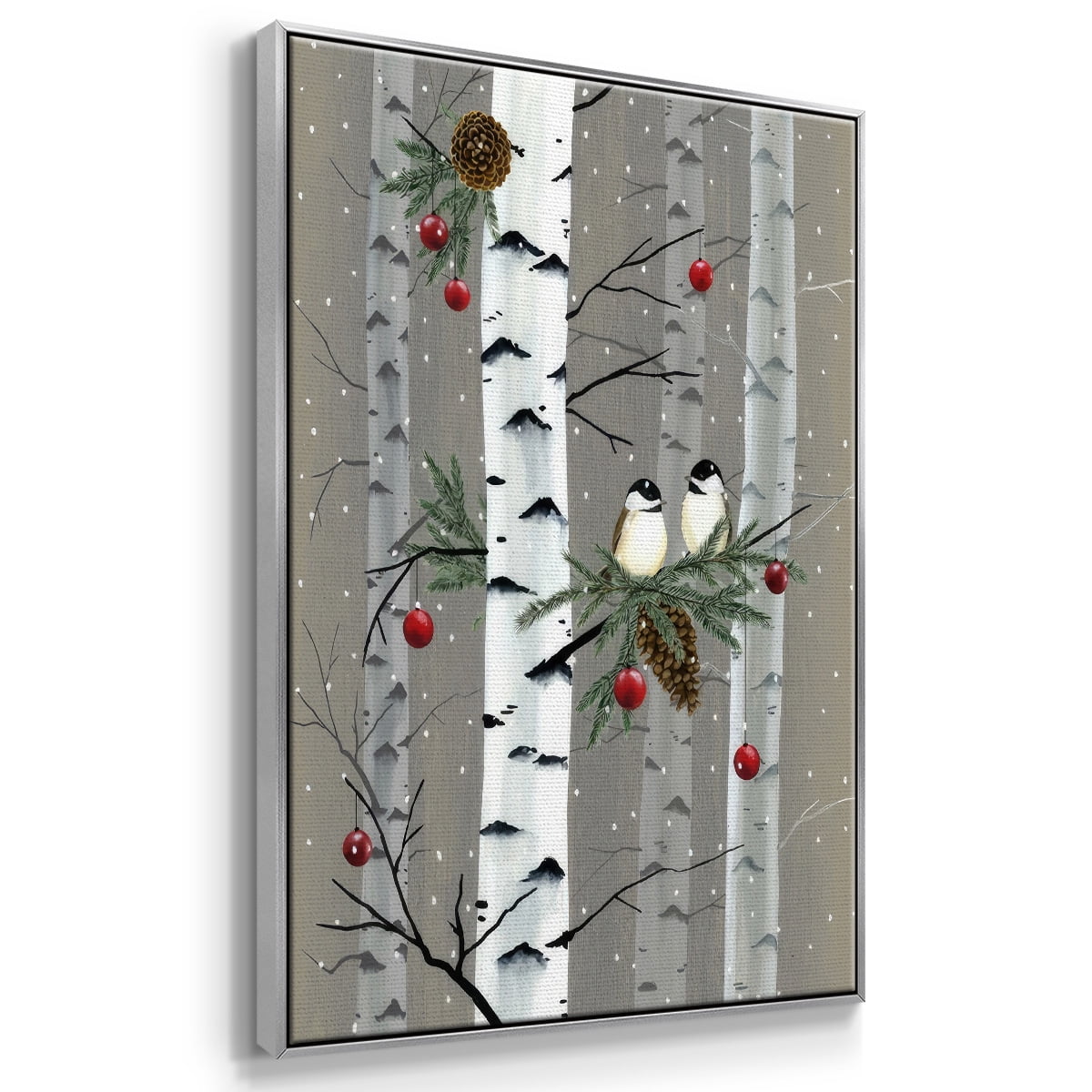 Birch Birds I - Framed Gallery Wrapped Holiday Canvas - 27 x 41 - Silver Frame