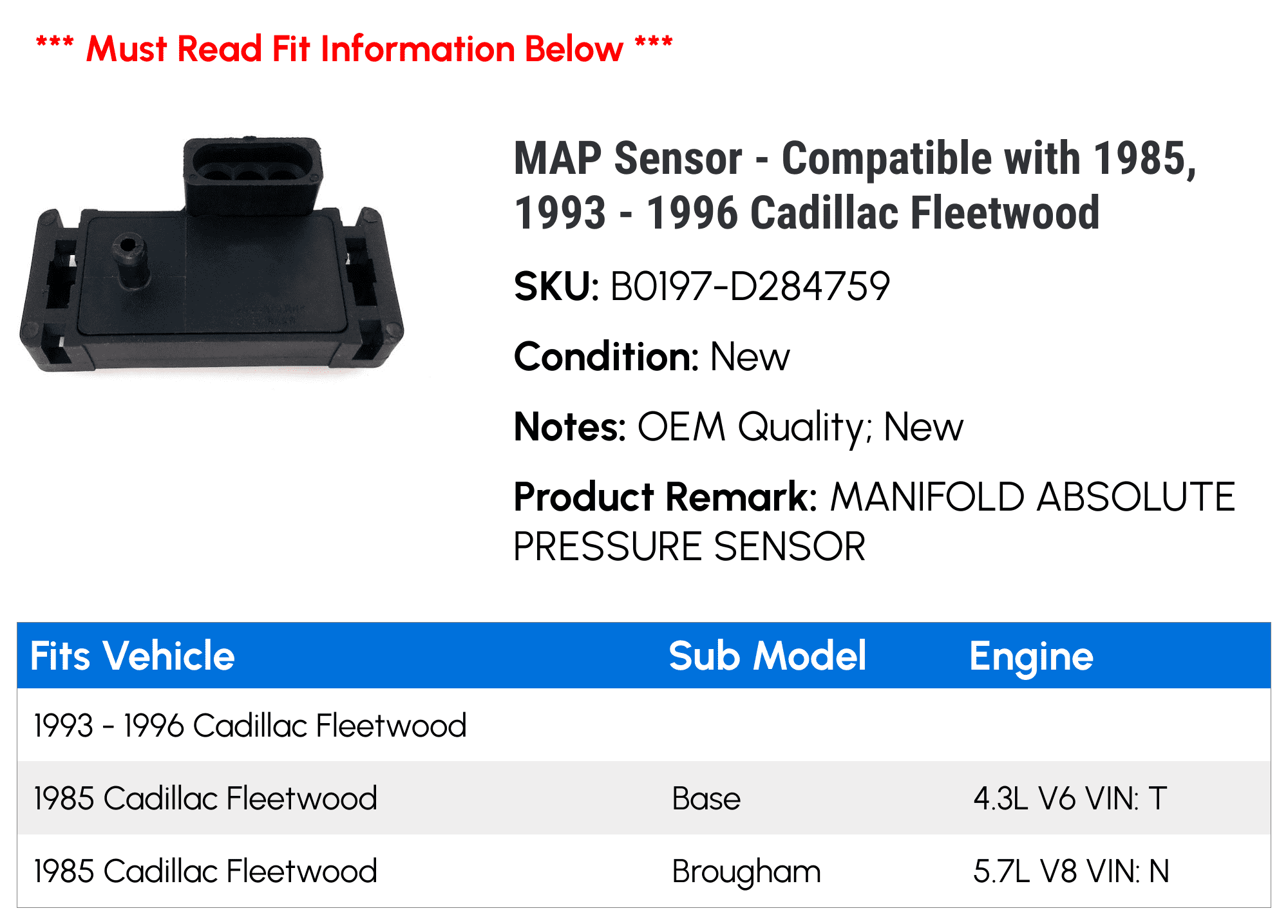 MAP Sensor - Compatible with 1985, 1993 - 1996 Cadillac Fleetwood 1994 1995