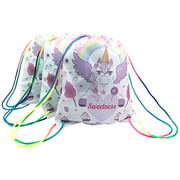 CandyJane 3-PACK Sweetness The Unicorn Drawstring bags backpacks With Rainbow Strap, Birthday Party Favor Bags, Overnight Bags, Treat Bags, Gift Wrapping Bags, Unicorn Party Supplies-Girls, Baby,