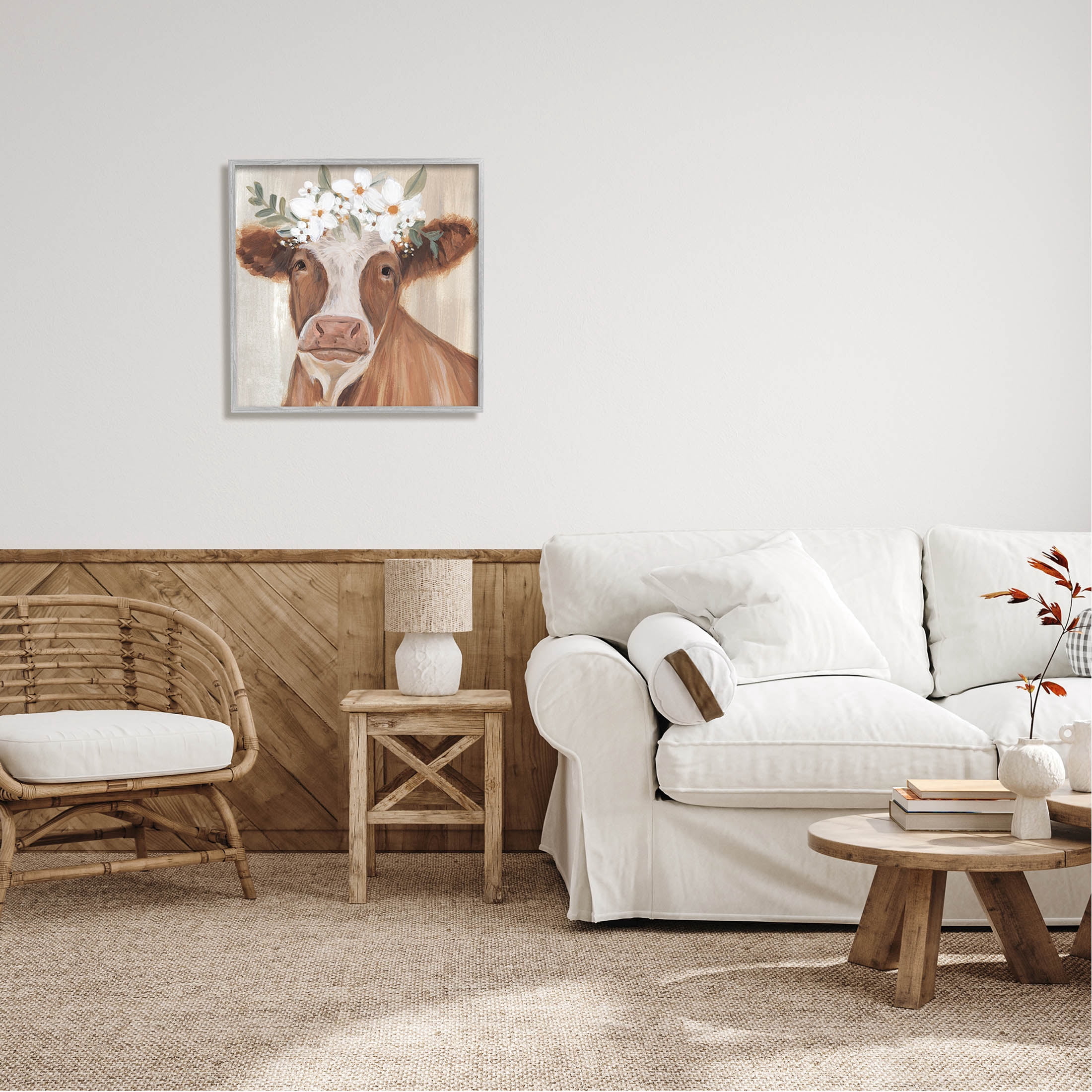 Brown Cattle Floral Bloom Crown Animals & Insects Graphic Art Gray Framed Art Print Wall Art