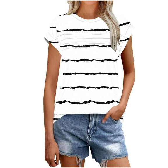 Womens Striped Tops with Pleats Cap Sleeve Crewneck Basic Tees Tunic T Shirts for Women Summer Casual (XL, White)