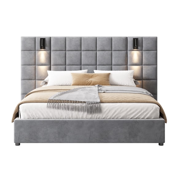 GDF Studio Luxurious Velvet Queen Bed with USB Port & Reading Lamp, Grey