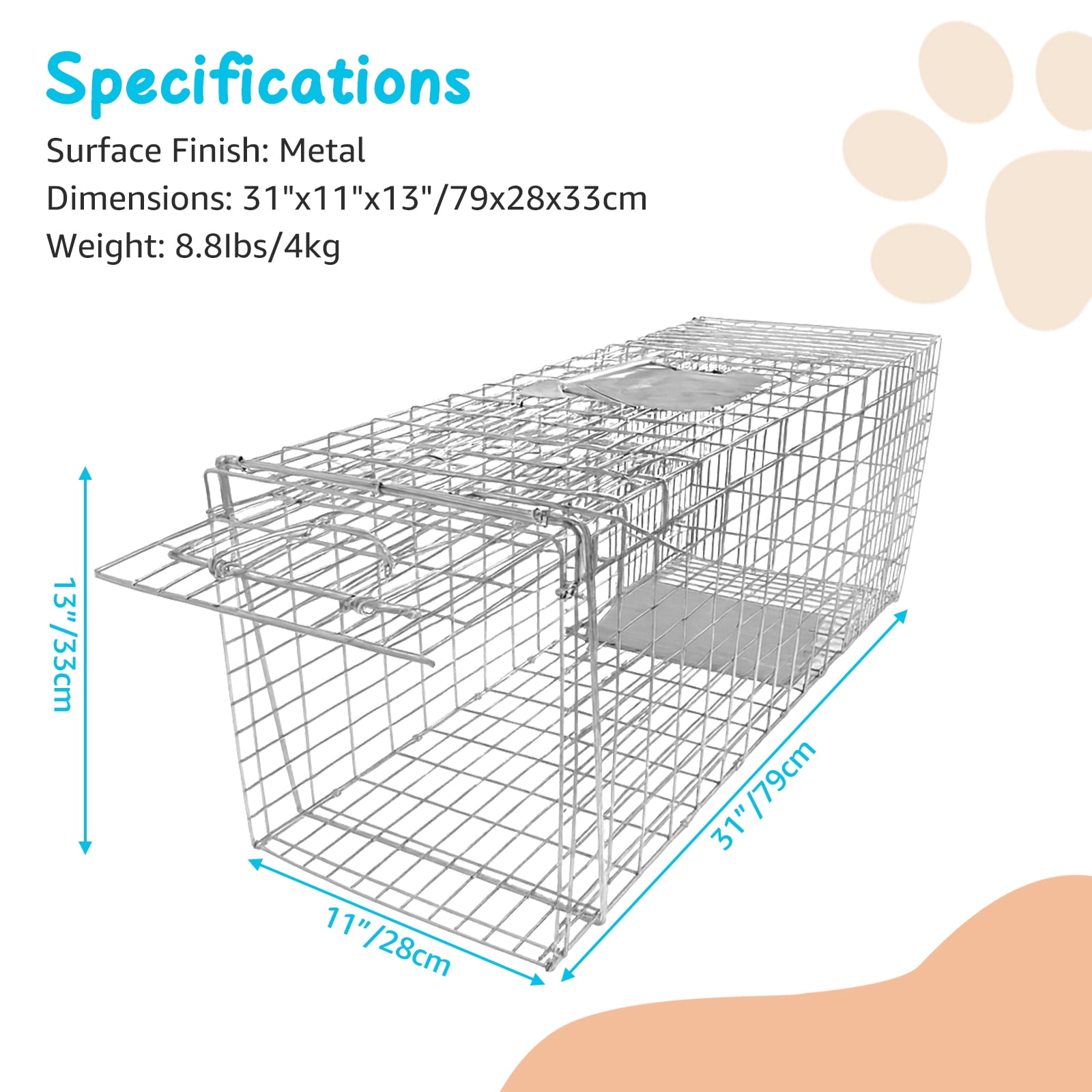 PRIJESSE 31inch Foldable Humane Live Animal Trap Cage for Squirrel, Rat, Bunny, Mink, No-Kill Bait Trapping Kit, Catch & Release, Silver