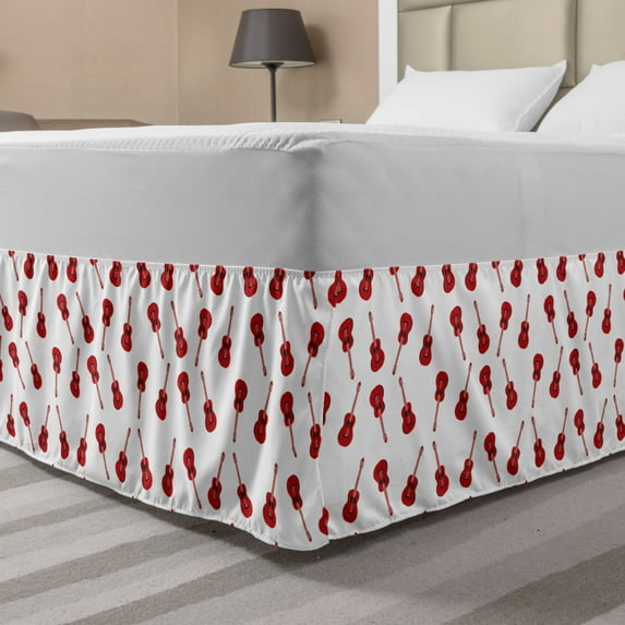 Guitar Bed Skirt, Repeating Minimal Illustration Classic Western Musical Instrument Motifs, Elastic Bedskirt Dust Ruffle Wrap Around for Bedding Decor, 4 Sizes, Vermilion White, by Ambesonne