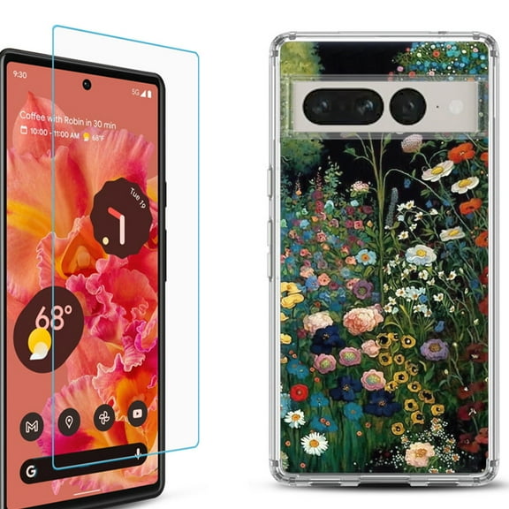 Shockproof Bumper Phone Case for Google Pixel 7, with Tempered Glass Screen Protector, by OneToughShield ® - Flowery Garden