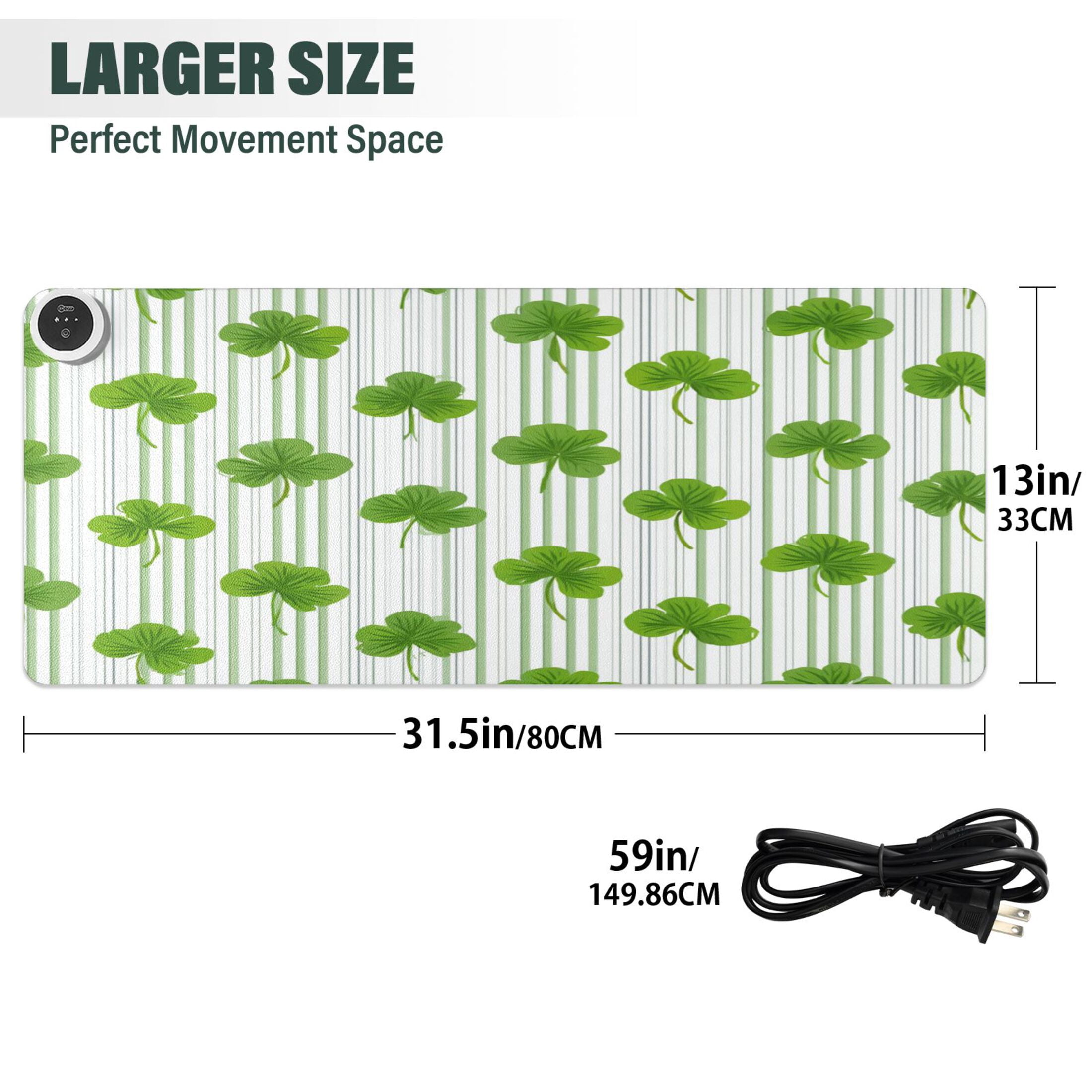 Large Heated Desk Mat Mouse Pad 31.5"x13"PU Leather Graphene Heating Desk Warmer with 3 Temperature Settings 110V US Plug Non-Slip Warm Pad for Home, Office, and Gaming Green Clover Stripe Pattern