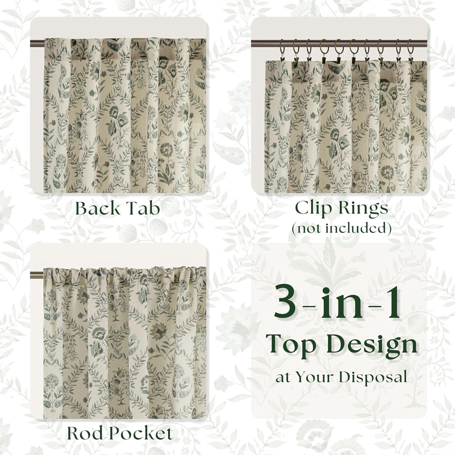 Green Farmhouse Curtains 90 Inch Length for Living Room Spring Light Filtering Back Tab Sage Greyish Green Leaf Flower Patterned Linen Curtains French Country Cottagecore Shabby Chic Floral Drapes