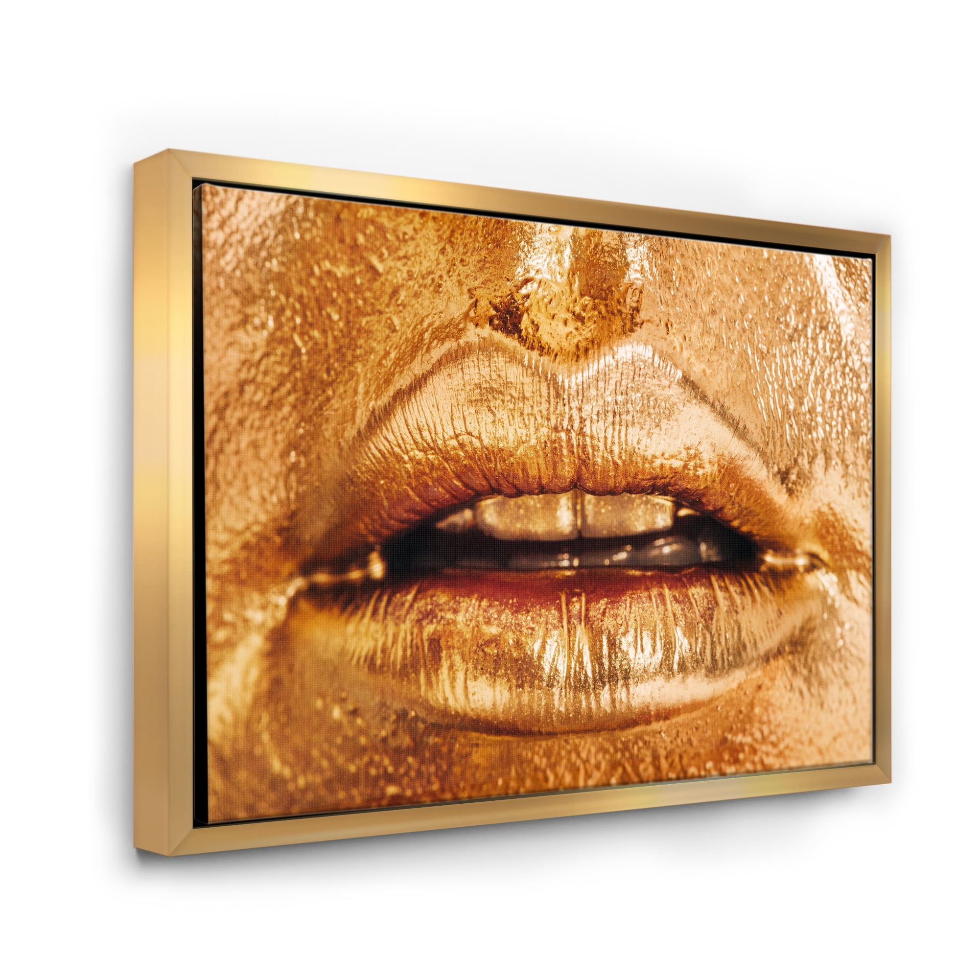 Designart 'Close Up Of Female Lips With Bright Golden Makeup' Modern Framed Canvas Wall Art Print