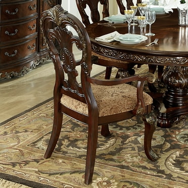 Newboti Furniture Traditional Formal Armchairs Set of 2 Cherry Finish with Gold Tipping Fabric Upholstery Wooden Dining Room Furniture 09492