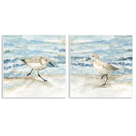 Stupell Industries Sandpipers Treading Beach Shore Animals Painting Unframed Art Print Wall Art, 12 x 12, Set of 2