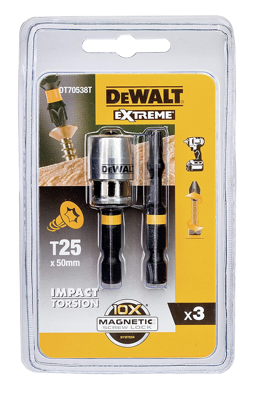 DEWALT - Impact Torsion Bits TX25 x 50mm (x2) and Magnetic Screwlock Sleeve