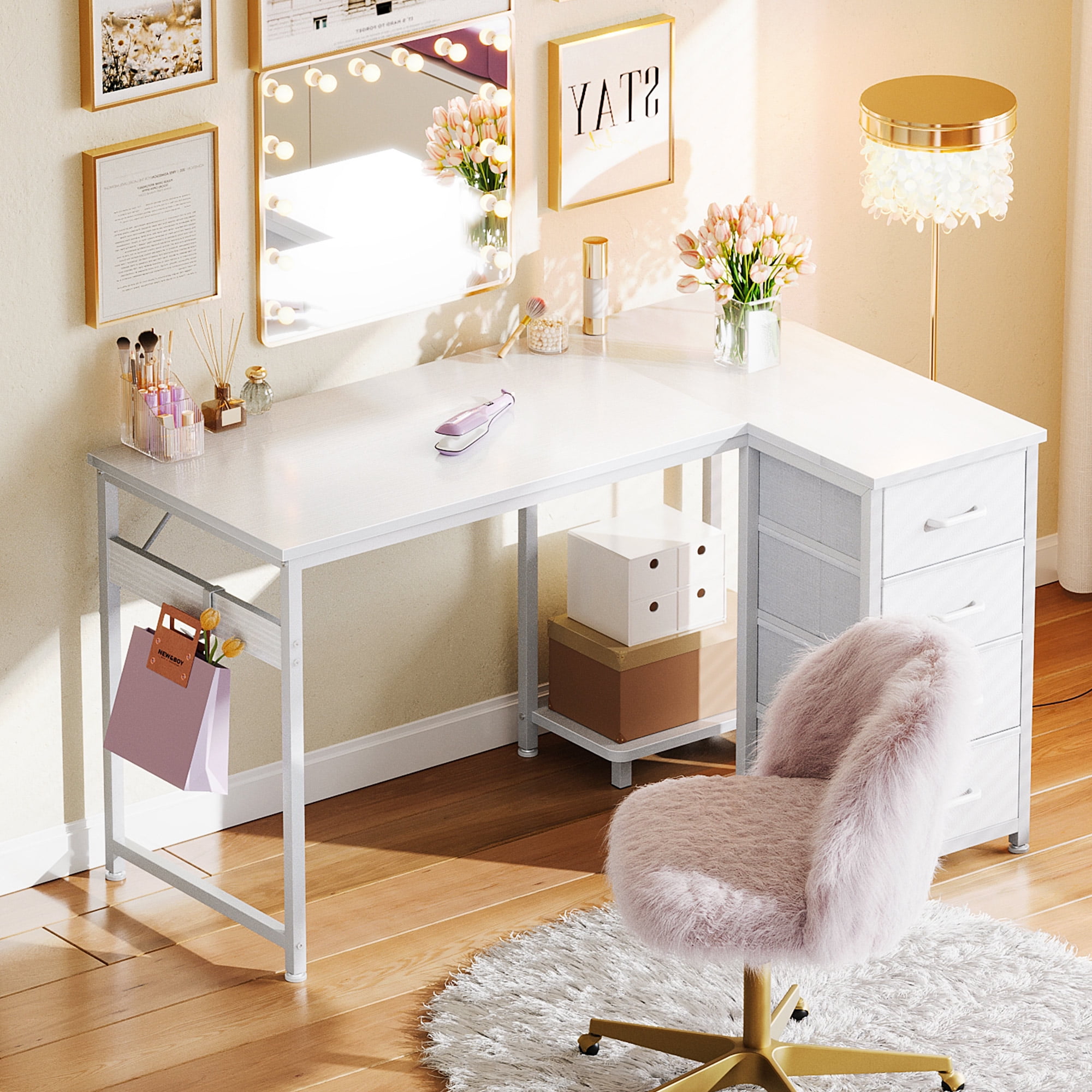 48 inch Computer Desk with 4 Fabric Drawers — Home Office Desks with Storage, Writing Desk with Side Hook, Desk Study/Work Table for Bedroom and Small Space, White