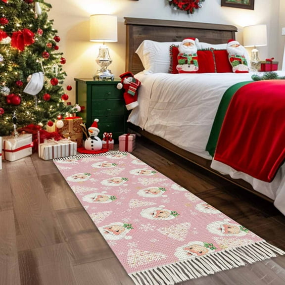 Pink Christmas Hallway Runner Rug 2x5ft,Santa Xmas Tree Snowflake Winter Farmhouse Washable Woven Living Room Bedroom Kitchen Bathroom Carpet with Tassels,Indoor Outdoor Throw Door Mat for Entryway