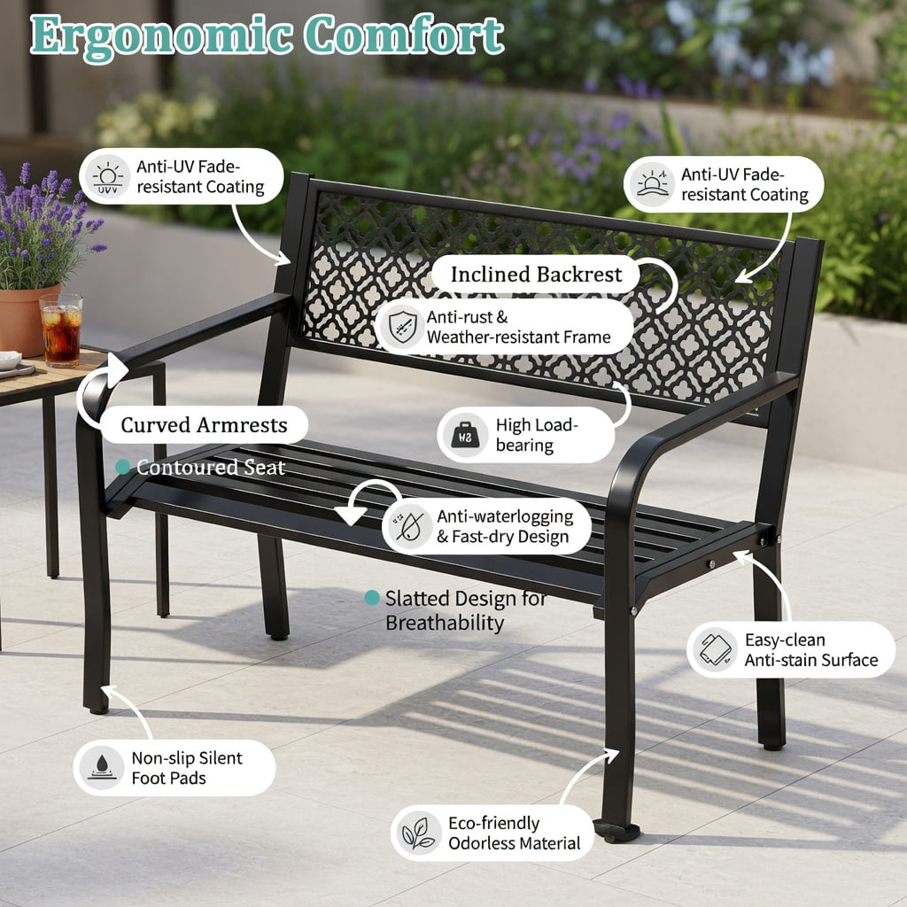 Hommoo 50" Modern Metal Garden Bench with Geometric Lattice Backrest, Slatted Seat & Anti-Slip Feet, Outdoor Patio Bench for Porch, Backyard, and Deck, Black