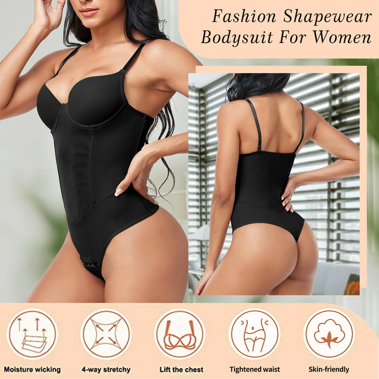 Anyfit Wear Shapewer Bodysuit for Women Tummy Control Thong Bodysuit  Seamless Body Shaper with Underwire Bra Jumpsuit Tops Black+Beige M 