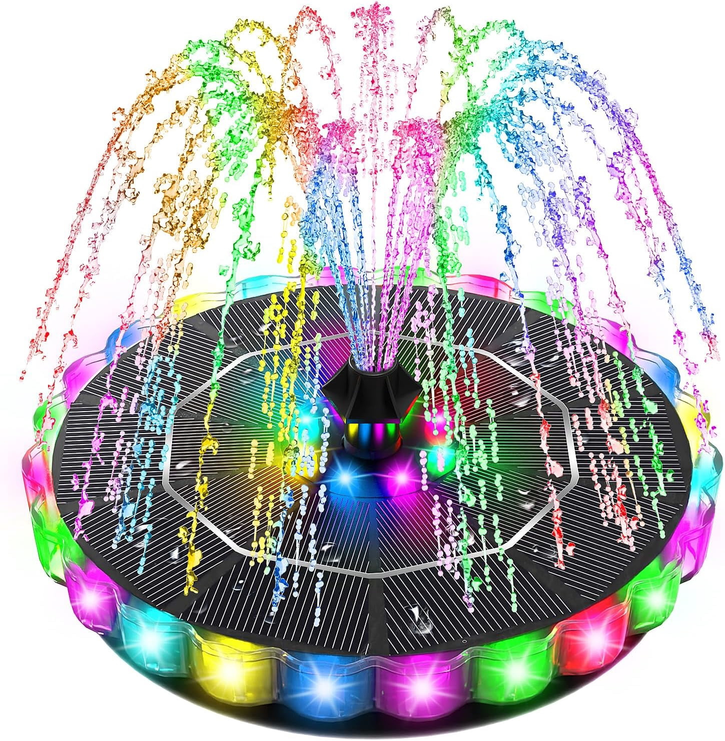 3.5W Solar Water Fountain with 2000mAh Battery and 3D Color Changing LED Light, Anti-Drift Fixer and 8 Nozzles, Outdoor Fountain Kit for Garden, Patio and Pond