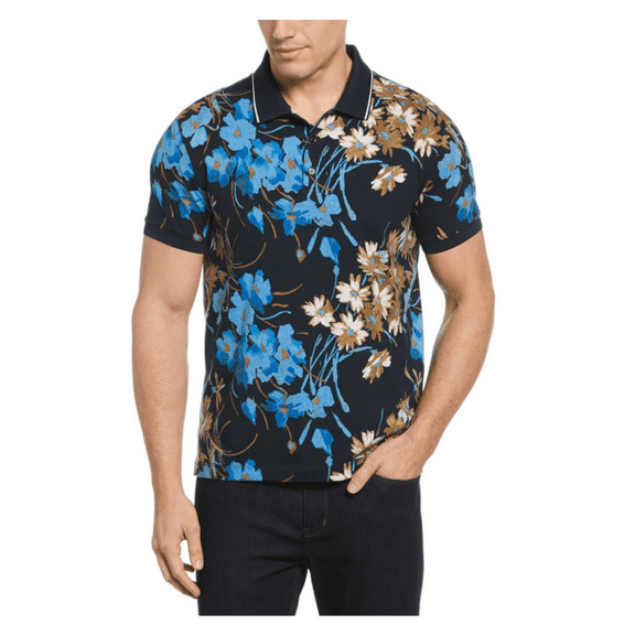 PERRYELLIS Floral Print Polo SHORT SLEEVE Dark Sapphire, Lg