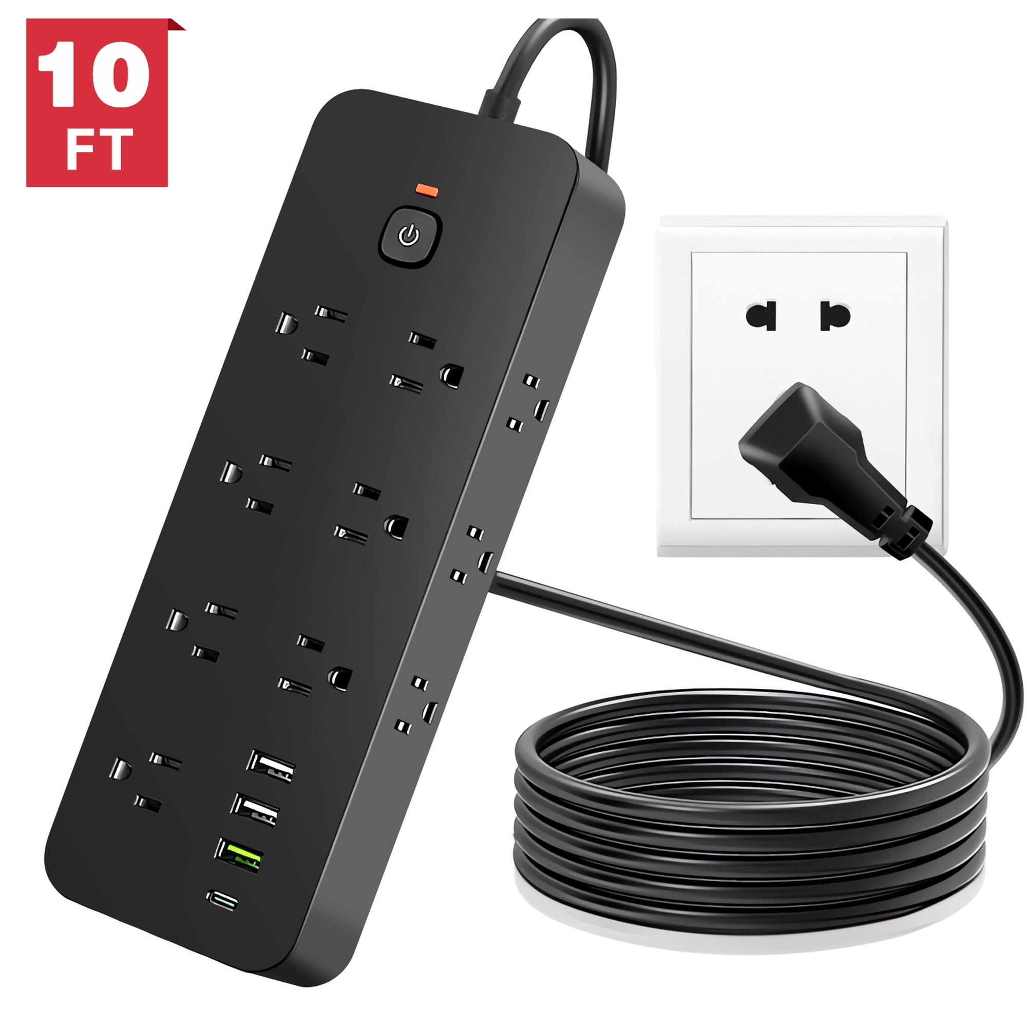 Power Strip Surge Protector, Meromore Flat Plug Extension Cord 10FT with 13 Outlets 4 USB Charger, 1875J Protection Multiple Outlets Charging Station for Home, Office, College Dorm Room