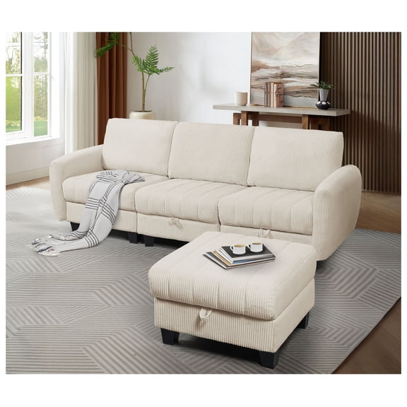 Beige Corduroy Sofa with Ottoman Living Room Sofa, Small Space Sofa, Modern Sofa Couch with Storage, Apartment Sofa, Modular Sectional Sofa