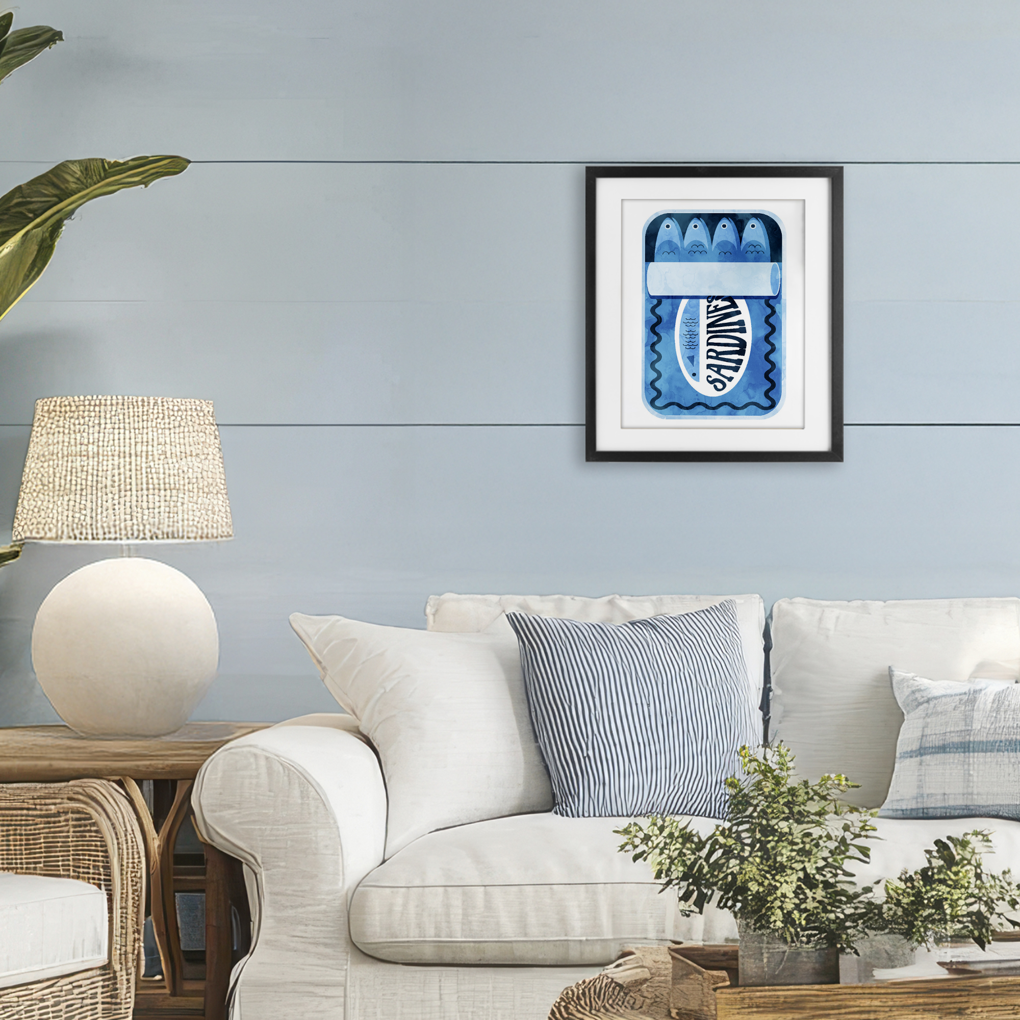 Retro Blue Sardine Tin Black Framed Print Under Glass, design by Daphne Polselli