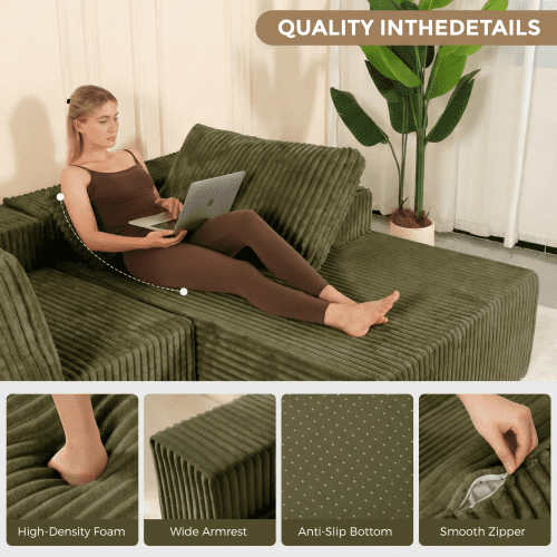 Howcool 108" Boneless Cloud Sectional Couches for Living Room, Comfy Fluffy L Shaped Memory Foam Deep Seat Boneless Couch, Modular Sectional Sofa with Right Facing Chaise, Green
