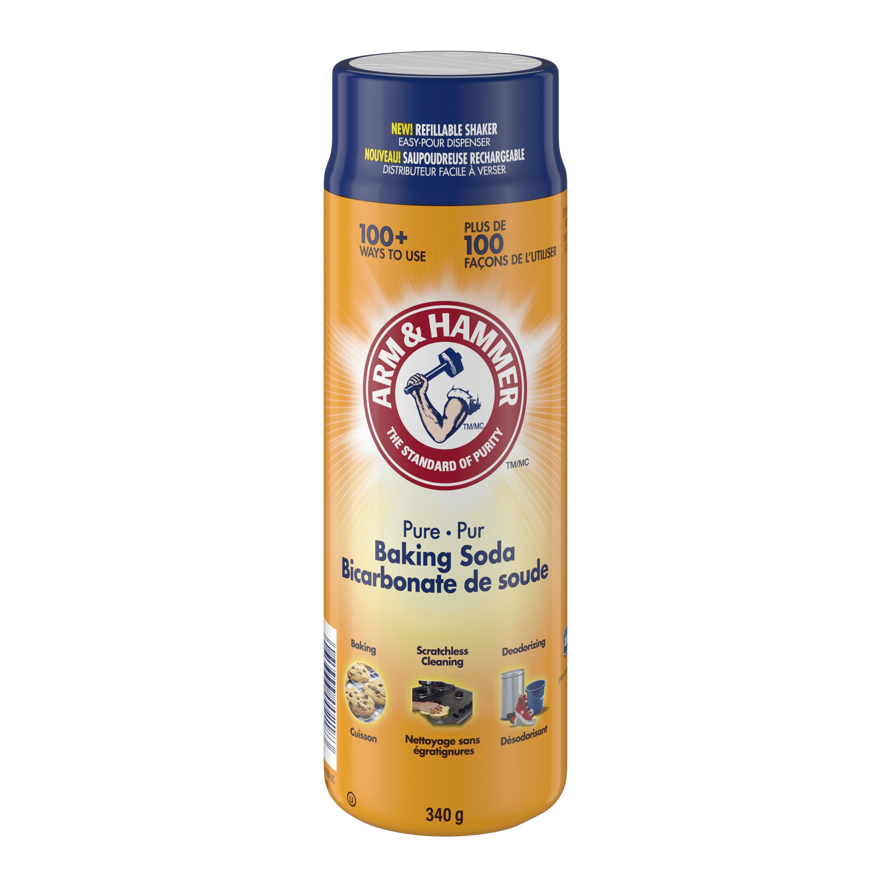 Arm & Hammer Baking Soda Shaker, Dual Sided Easy Pour Dispenser for Baking, Cleaning and Deodorizing, 340g