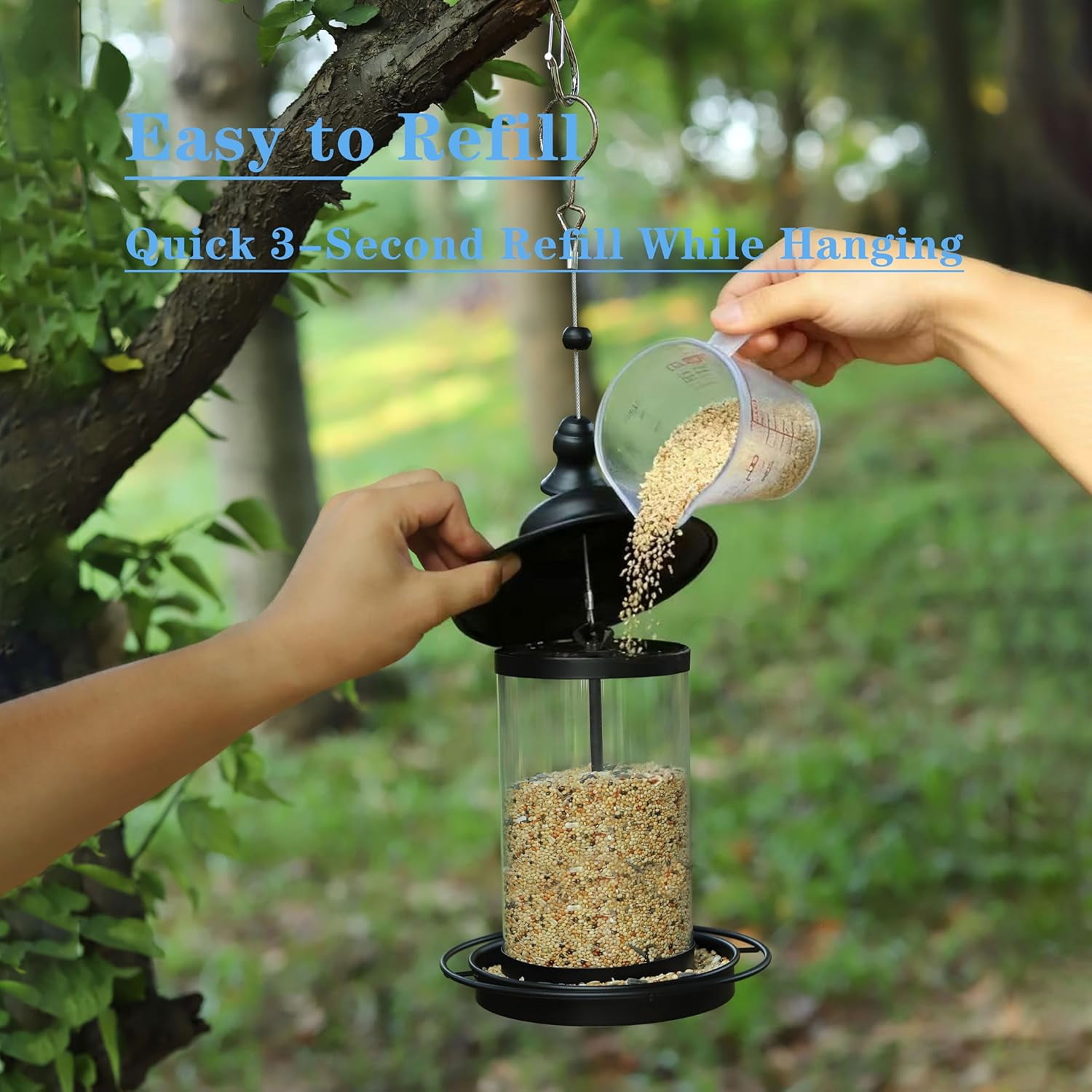 Bird Feeders for Outdoors,Hanging Bird Feeder with Locking Lid, Metal Birdfeeder with 17.5cm Weatherproof Large Roof&Tray,3 Feeding Perches,Chew-Proof, Black,1 Pack$$Garden & Patio