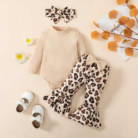 

Uccdo 3Pcs Newborn Baby Girls Clothes Cute Print Romper+Flare Lone Pants Legging+Headband Set 0-18 Months