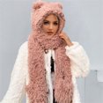 thumbnail image 4 of Women's Scarf Hat And Gloves Set Winter Flannel Hat Hood Hat Scarf 2 In 1 Hooded Scarf For Women White Hat With Ears, Women's Accessories Scarf ,Hat,& Gloves, 4 of 7