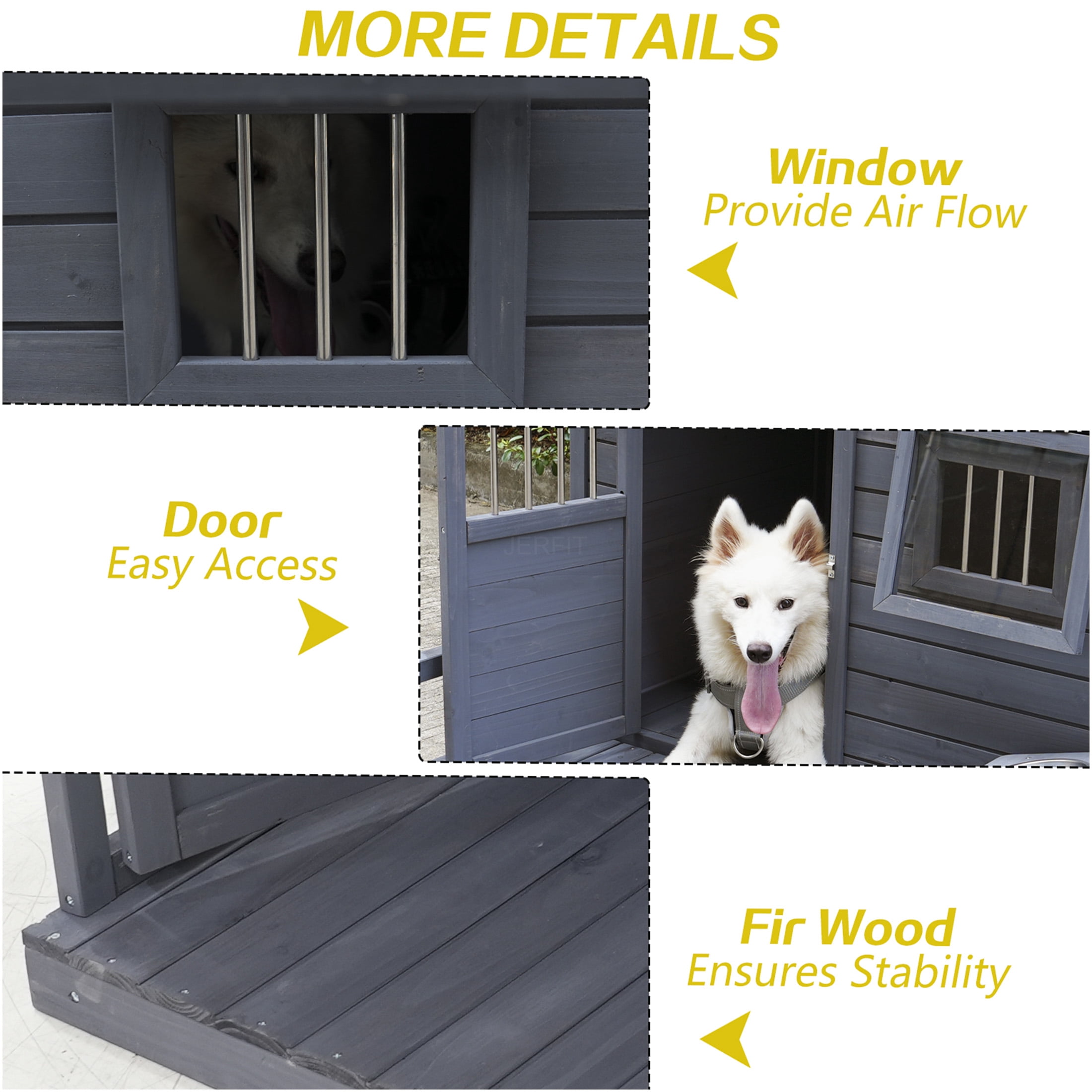 JERFIT Extra Large Dog House with Lockable Door & Porch, 44" Wooden Outdoor Kennel with Asphalt Roof, Weatherproof for Big Dogs up to 80lbs, Gray