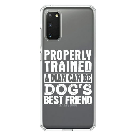 DistinctInk Clear Shockproof Hybrid Case for Galaxy S20 / S20 5G (6.2" Screen) - TPU Bumper Acrylic Back Tempered Glass Screen Protector - Properly Trained Man Dog's Best Friend