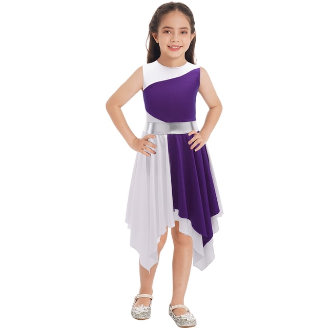Oyolan Robe de Danse Ballet Asymétrique Sans Manches pour Filles, Robe d'Église à Blocs de Couleur Violette 6