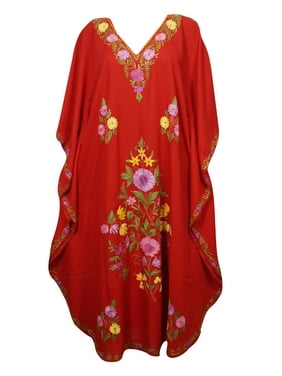 Mogul Bright Red Kashmiri Floral Embroidered Kimono Maxi Long Caftan Dress For Women's 3XL