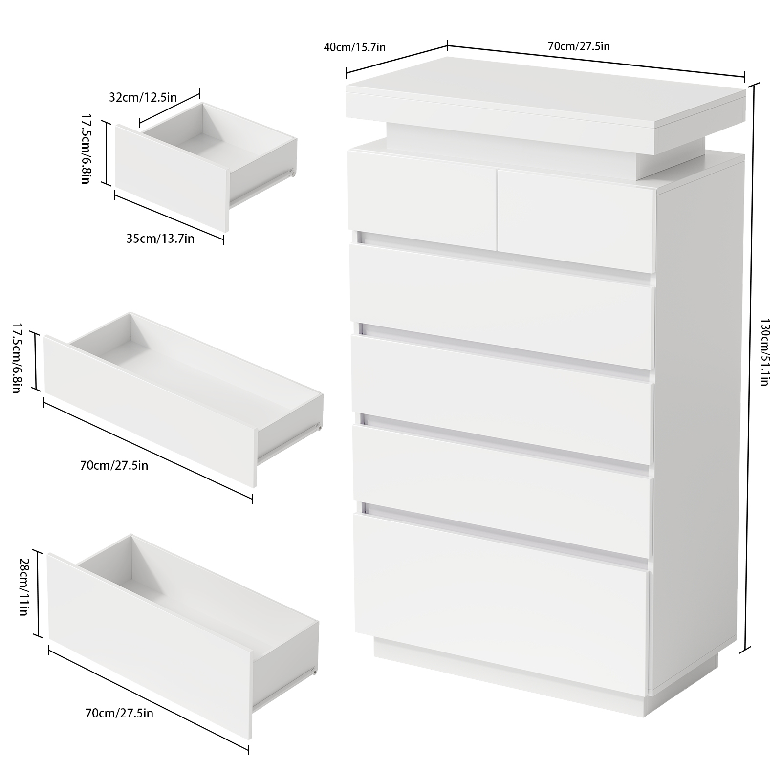 6 Drawers Dresser, Modern Tall Dresser for Closet with Adjustable LED Lights, High Gloss Chests of Drawers, Wood Storage Cabinet for Bedroom, Entryway, Living Room, Dressing Room, White