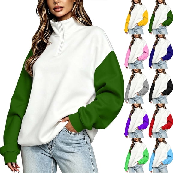 Jsaierl 1/4 Zip Sweatshirts for Women Plus Size Color Block Collared Sweatshirt Oversized Sweater Soft Long Sleeve Shirts Early Fall Fashion S-2XL