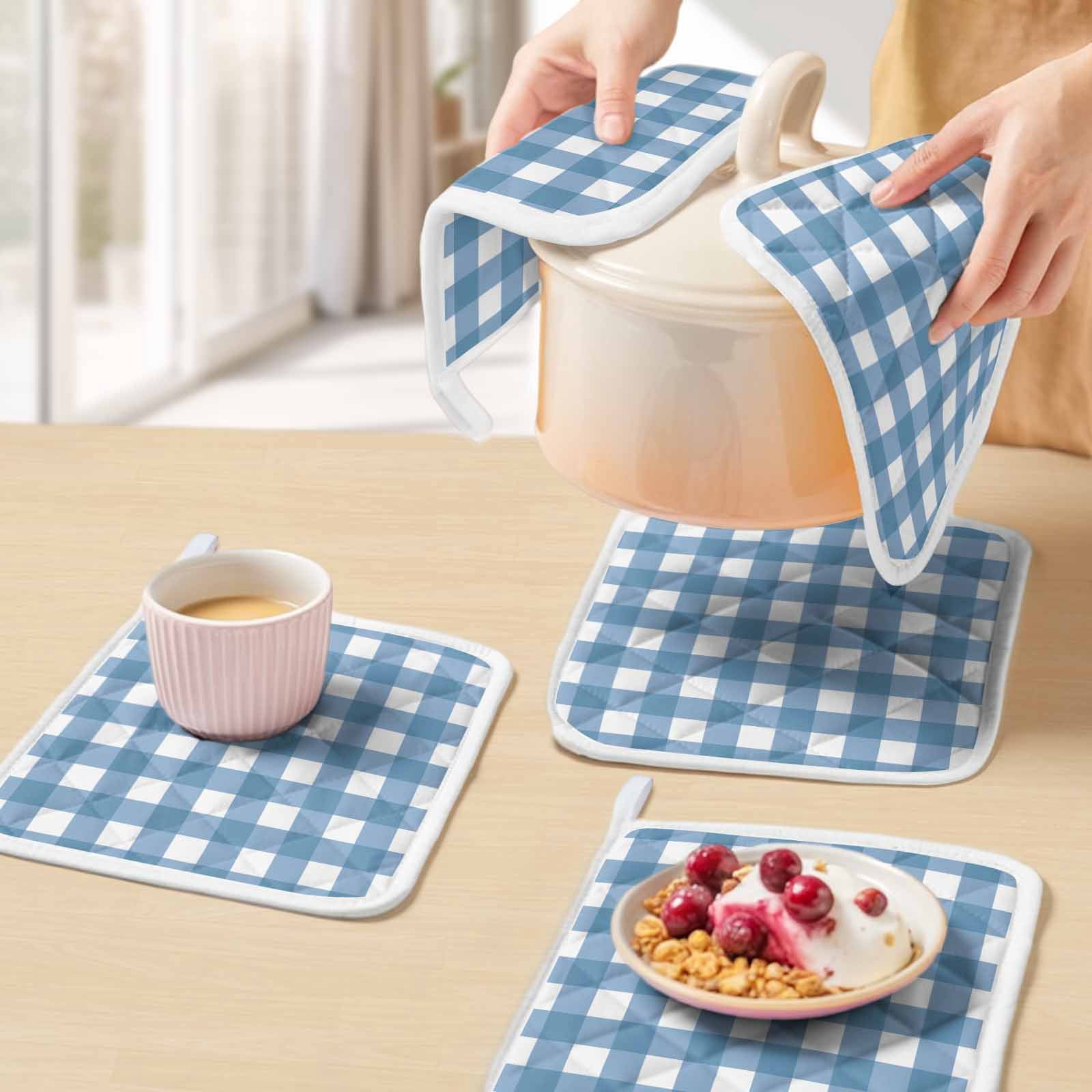 Blue White Plaid Pot Holders for Kitchen Heatproof Potholder, 4 Pack Gradient Geometric Buffalo Checkered Hot Pads Multipurpose Oven Pads Cloth Potholders Trivet for Cooking and Baking