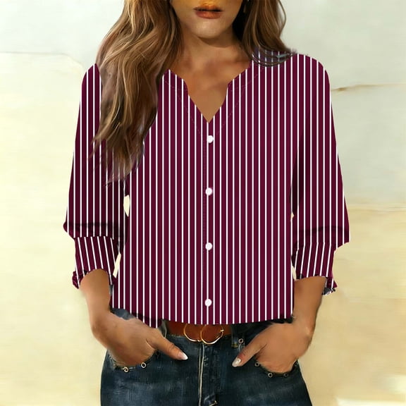 thefmos Women Fall Winter V Neck 3/4 Sleeve Button Down Striped Casual Blouse for Women Cute Trendy Loose Fit Comfy Pullover Tops Basic Office Business Work Clothes, Purple M