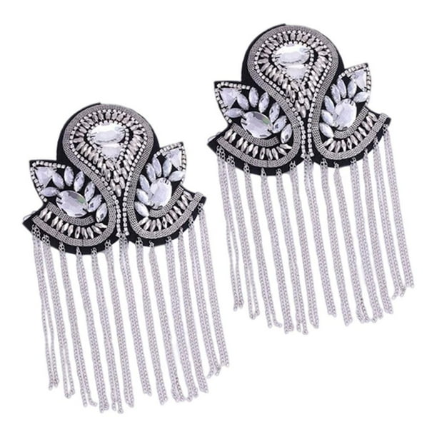 Charretera con flecos y borlas, 2 uds., broche de diamantes de imitación de lujo para fiestas, vacaciones, Unisex Plata Yuyangstore Hombrera de hombro