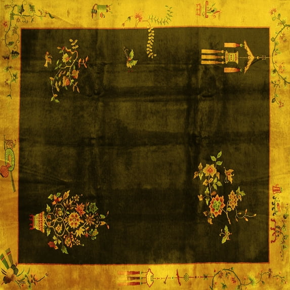 Ahgly Company Indoor Square Oriental Yellow Asian Inspired Area Rugs, 5' Square