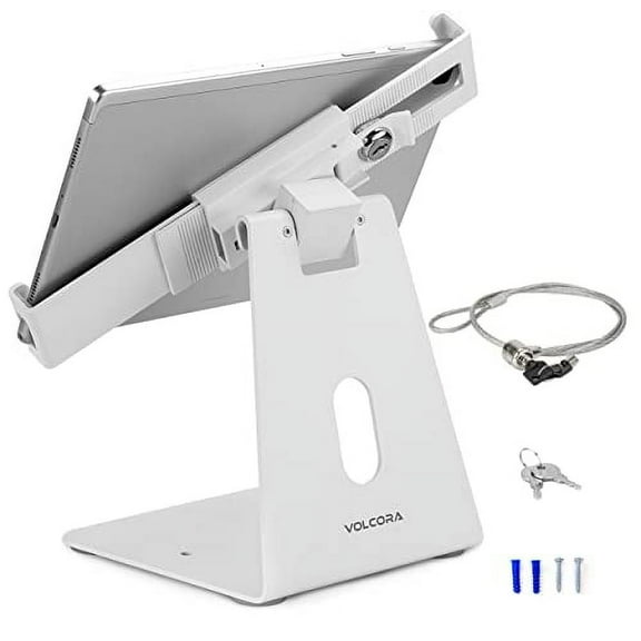 Volcora Tablet Stand iPad Security Holder with Anti-Theft Lock, Silver 9-13 Inch Kiosk Stand Mount, Swivel, Adjustable, for iPad Pro, Air, POS Register, Retail Business, Checkout, Cashier