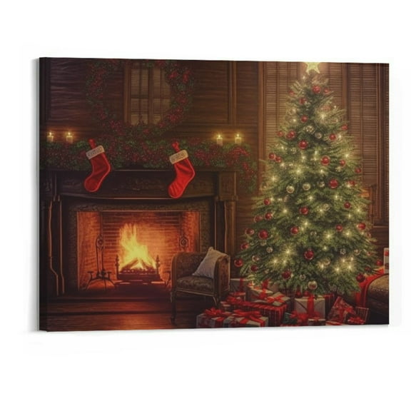 Creowell  Christmas Canvas Prints Wall Art,Snowy Scene Picture for Holiday Decor,Painting Fireplace & Christmas Tree 20x16 Inch