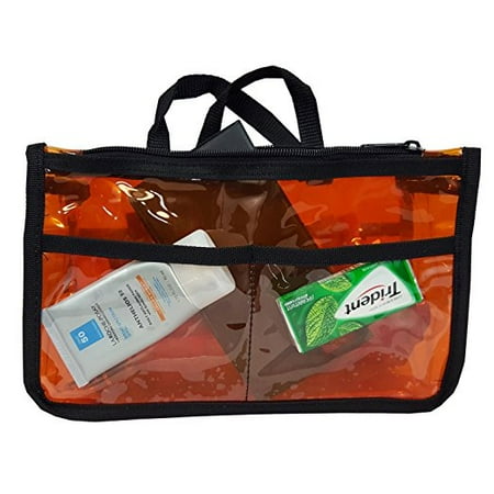 Orange Travel Jacket - Clear Handbag Organizer See Through Cosmetic Gadget Insert Purse Organiser Transparent Makeup Travel Pouch Liner with Handle Orange